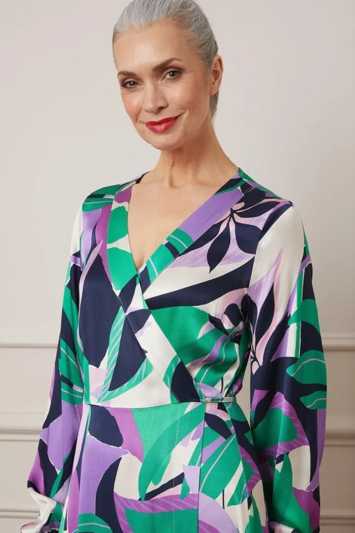 Leaf Print Satin Wrap Midi Dress