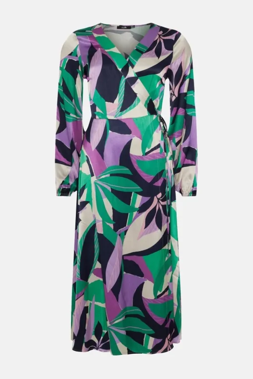 Leaf Print Satin Wrap Midi Dress