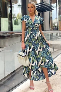 Leaf Print Short Sleeve Belted Wrap Midi Dress