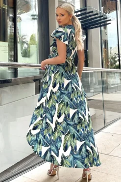 Leaf Print Short Sleeve Belted Wrap Midi Dress