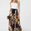 Leaf Print Tie Waist Split Leg Trousers
