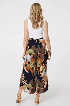 Leaf Print Tie Waist Split Leg Trousers