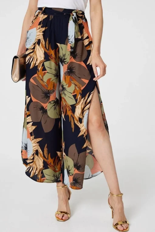 Leaf Print Tie Waist Split Leg Trousers