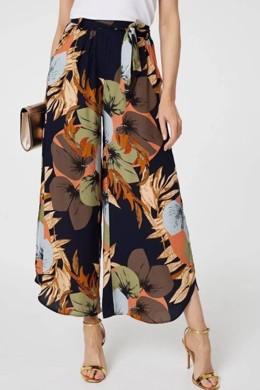 Leaf Print Tie Waist Split Leg Trousers