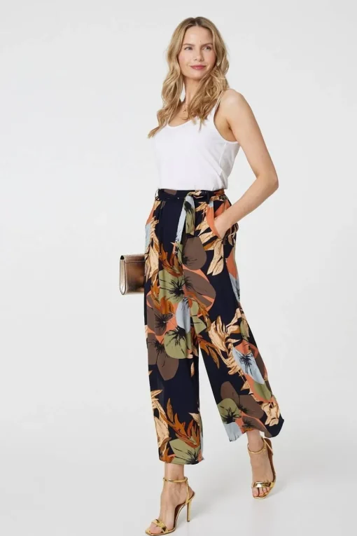 Leaf Print Tie Waist Split Leg Trousers