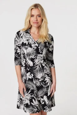 Leaf Print Wrap Front Shirt Dress