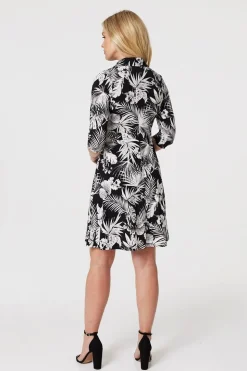 Leaf Print Wrap Front Shirt Dress