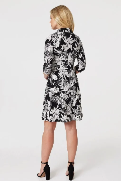 Leaf Print Wrap Front Shirt Dress