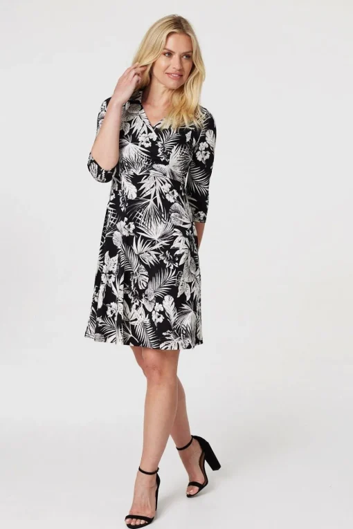 Leaf Print Wrap Front Shirt Dress