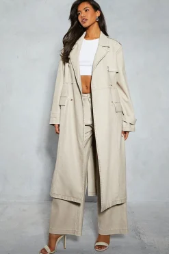 Leather Look Longline Belted Trench Coat