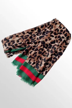 Leopard & Strip Print Fringed edges Scarf In Green & Red