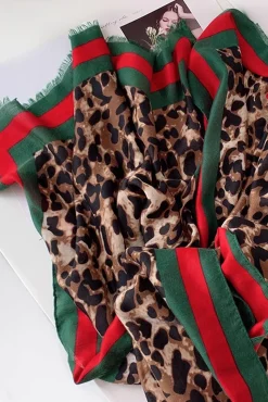 Leopard & Strip Print Fringed edges Scarf In Green & Red