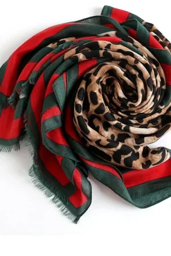 Leopard & Strip Print Fringed edges Scarf In Green & Red