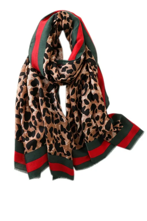 Leopard & Strip Print Fringed edges Scarf In Green & Red