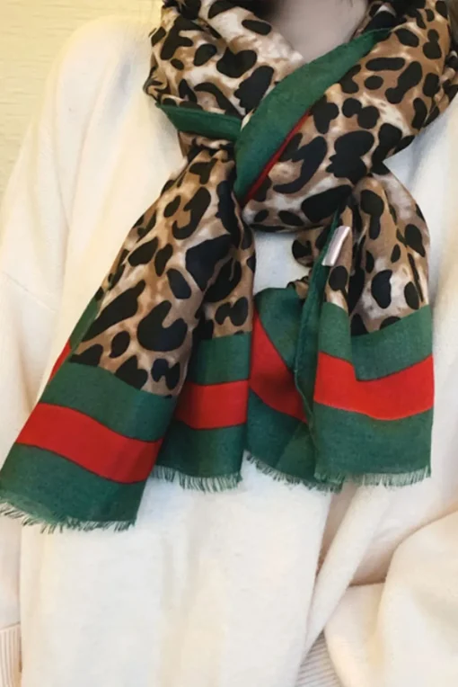 Leopard & Strip Print Fringed edges Scarf In Green & Red
