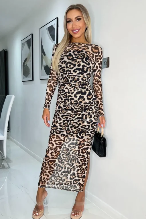 Leopard Mesh Overlay Long Sleeve Bodycon Midi Dress