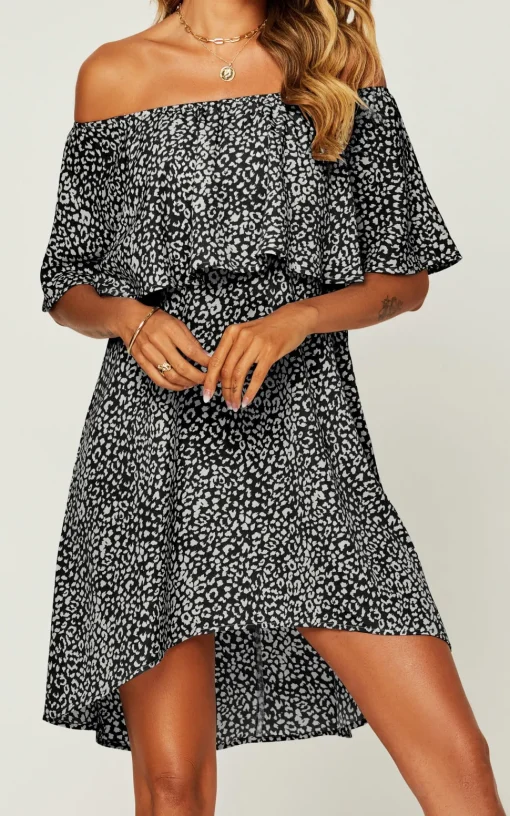 Leopard Print Bardot Frill Off Shoulder Mini Dress In Black