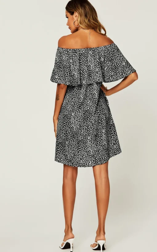 Leopard Print Bardot Frill Off Shoulder Mini Dress In Black