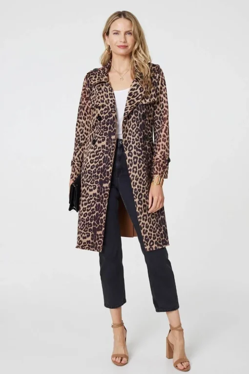 Leopard Print Double Breasted Trench Coat