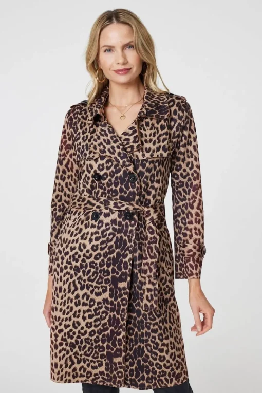 Leopard Print Double Breasted Trench Coat