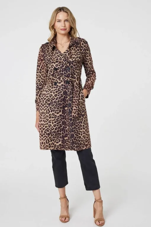 Leopard Print Double Breasted Trench Coat