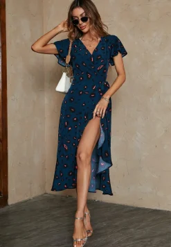 Leopard Print Wrap Hem Midi Dress In Blue