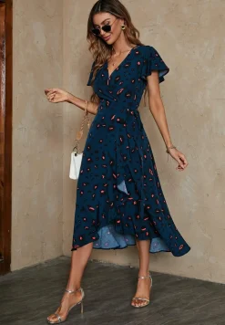 Leopard Print Wrap Hem Midi Dress In Blue