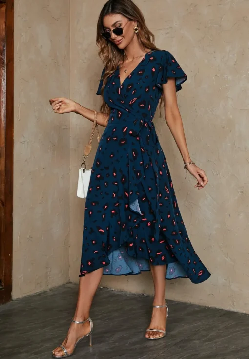 Leopard Print Wrap Hem Midi Dress In Blue