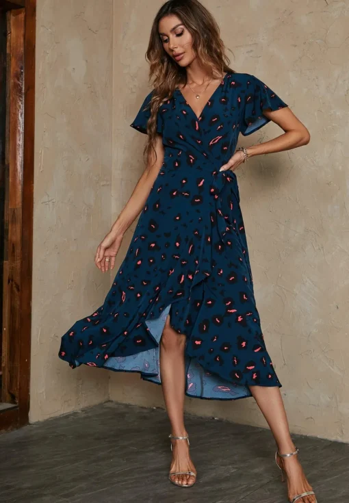 Leopard Print Wrap Hem Midi Dress In Blue