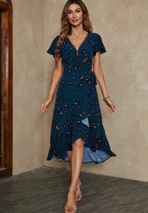 Leopard Print Wrap Hem Midi Dress In Blue
