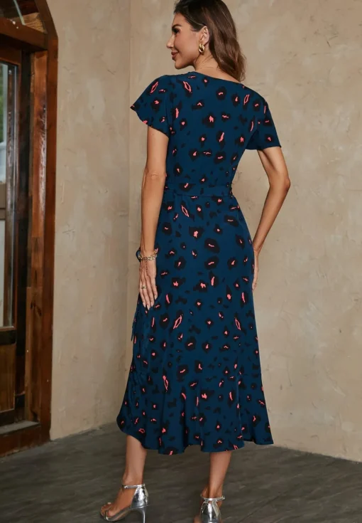 Leopard Print Wrap Hem Midi Dress In Blue