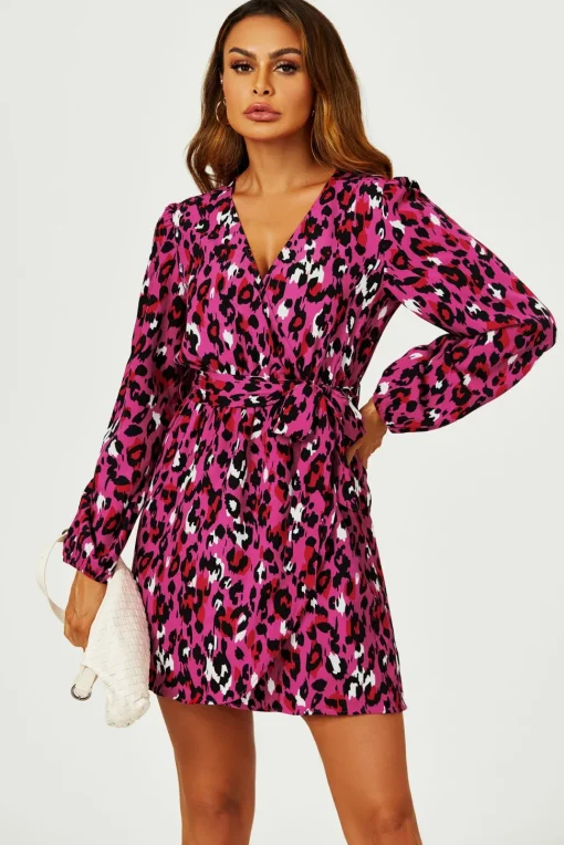 Leopard Print Wrap Top Mini Dress In Magenta