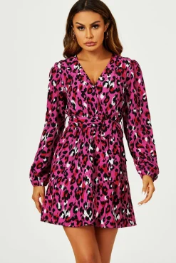 Leopard Print Wrap Top Mini Dress In Magenta