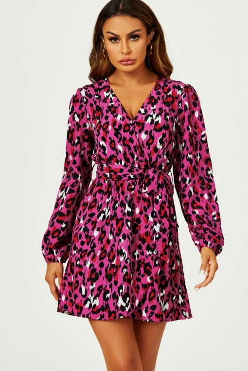 Leopard Print Wrap Top Mini Dress In Magenta