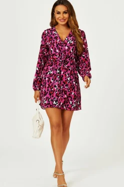Leopard Print Wrap Top Mini Dress In Magenta