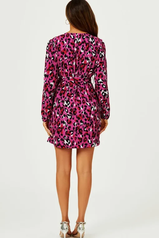 Leopard Print Wrap Top Mini Dress In Magenta