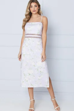 Lilac Floral Scuba Column Trim Insert Midi Dress