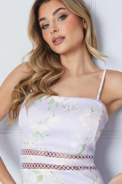 Lilac Floral Scuba Column Trim Insert Midi Dress