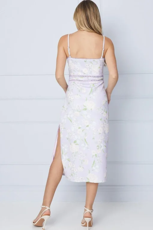 Lilac Floral Scuba Column Trim Insert Midi Dress