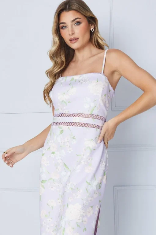 Lilac Floral Scuba Column Trim Insert Midi Dress