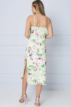 Lime Floral Scuba Column Trim Insert Midi Dress