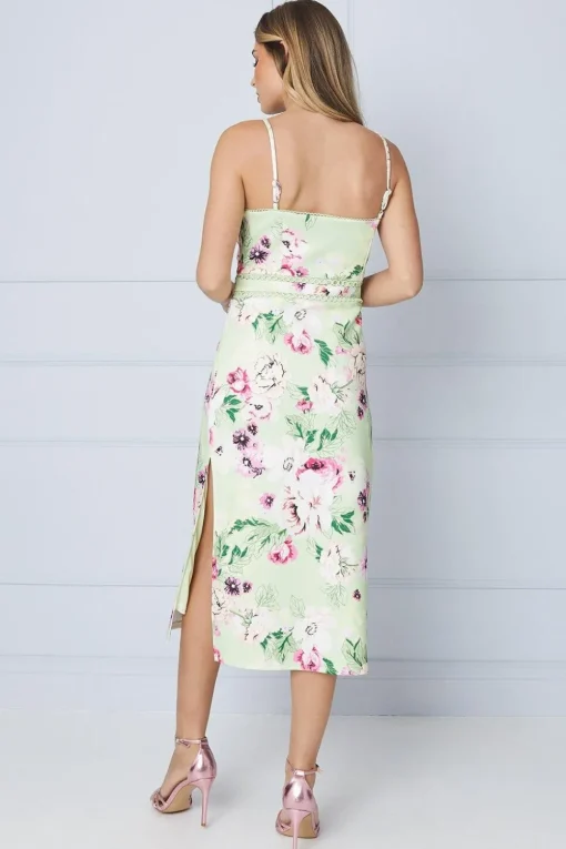 Lime Floral Scuba Column Trim Insert Midi Dress