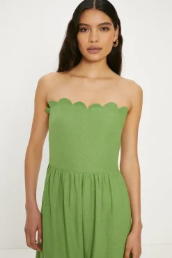 Linen Mix Scallop Detail Midi Dress