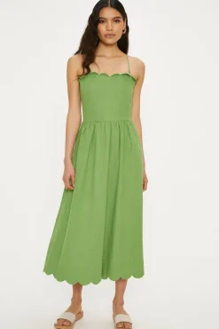 Linen Mix Scallop Detail Midi Dress