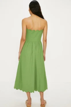 Linen Mix Scallop Detail Midi Dress