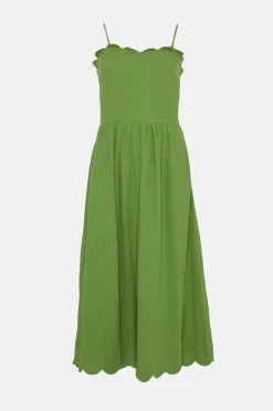 Linen Mix Scallop Detail Midi Dress