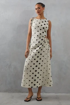 Linen Spot Cut Out Sleeveless Midi Dress