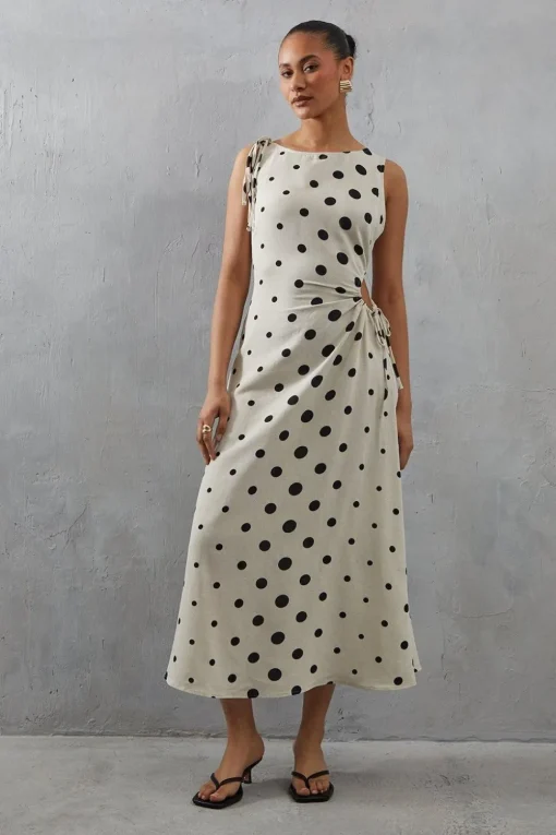Linen Spot Cut Out Sleeveless Midi Dress