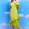 Lisa Tan Bardot Detail Ruffle Skirt Crepe Midi Dress