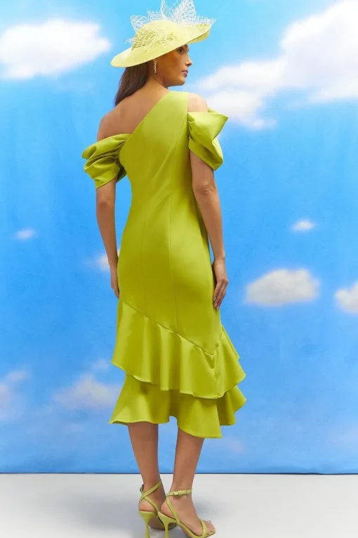 Lisa Tan Bardot Detail Ruffle Skirt Crepe Midi Dress